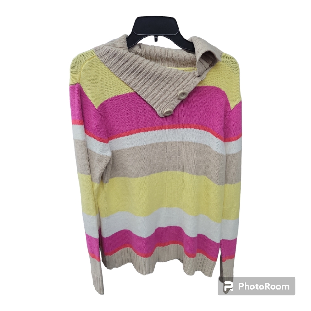 Liz & Co Pink, Yellow and Tan Cable Knit cowl neck Sweater